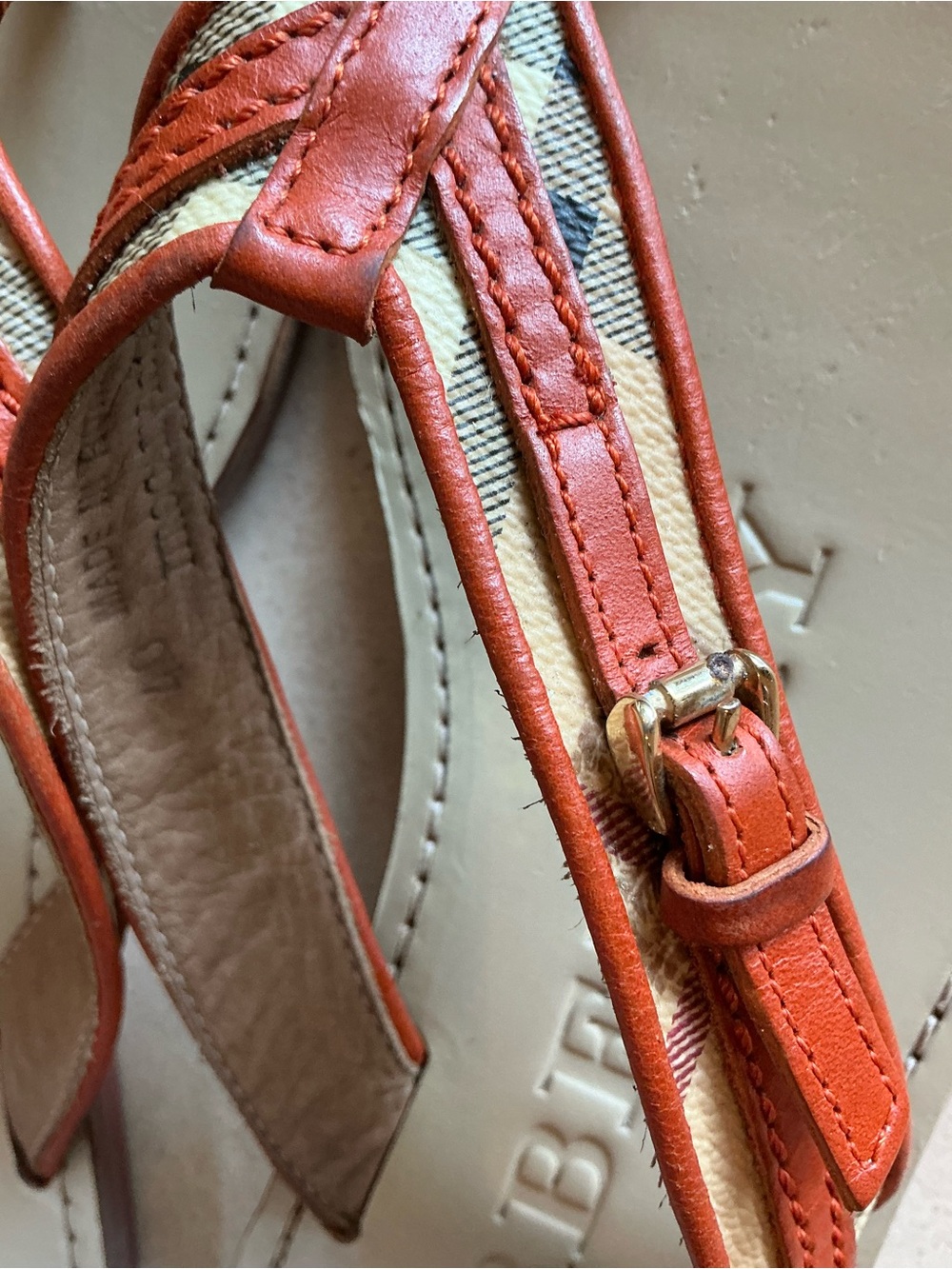Burberry Brown Tan Footbed Sandals with Red Leather & Signature Check Straps - Picture 4 of 5